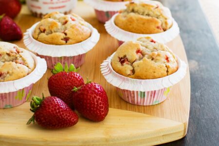 Bakery-Style Vegan Strawberry Vanilla Muffins Recipe - dairy-free, egg-free, soy-free, nut-free, with light, fluffy, moist and tender crumb.