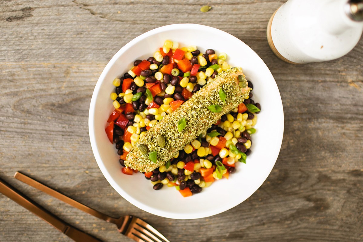 One-Dish Pumpkin Seed Crusted Salmon with Mexican Roasted Corn and Black Beans Recipe - naturally gluten-free, dairy-free, grain-free, nut-free, and soy-free