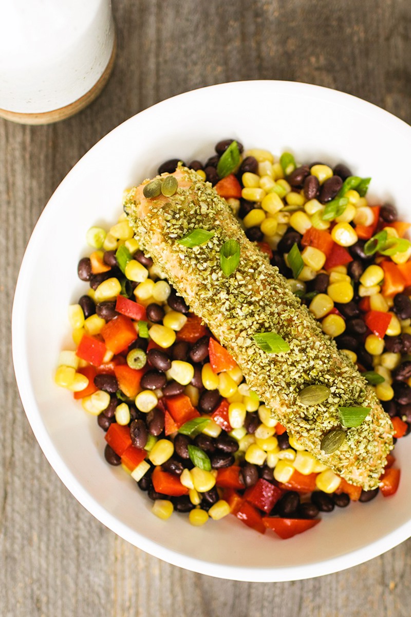 One-Dish Pumpkin Seed Crusted Salmon with Mexican Roasted Corn and Black Beans Recipe - naturally gluten-free, dairy-free, grain-free, nut-free, and soy-free