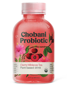 Chobani Probiotic Drinks Reviews and Info - Plant-based, vegan, dairy-free, with billions of probiotics from six live active cultures. Four flavors. Pictured: Cherry Hibiscus