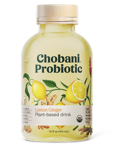 Chobani Probiotic Drinks Reviews and Info - Plant-based, vegan, dairy-free, with billions of probiotics from six live active cultures. Four flavors. Pictured: Lemon Ginger
