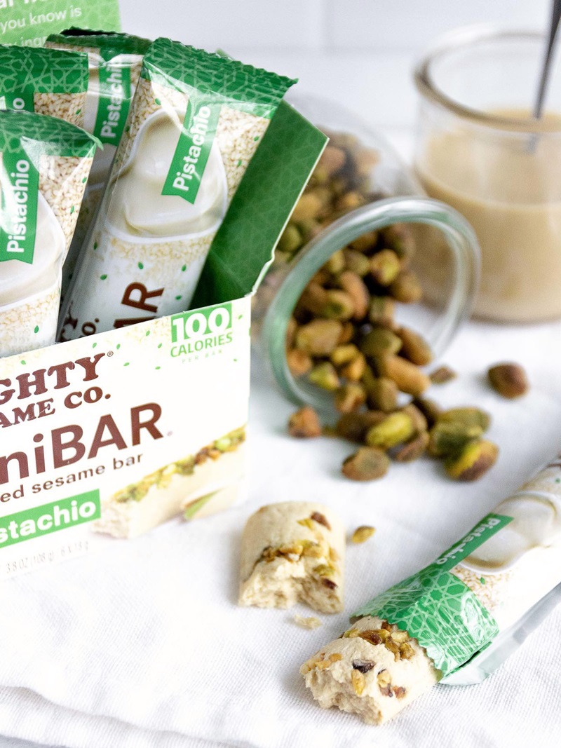 Mighty Sesame Tahini Bars Reviews and Info - Halva Energy Bars with dessert-like taste. Made with sesame seeds, dairy-free, gluten-free, soy-free, and vegan. In Vanilla, Pistachio, and Cocoa Nibs Flavors.
