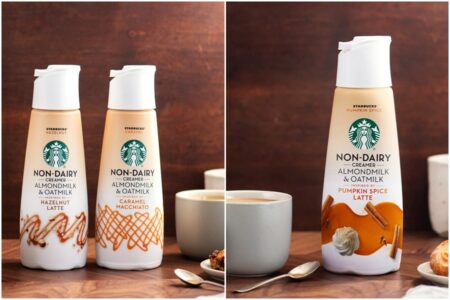 Starbucks Non-Dairy Creamers Reviews and Info - dairy-free, soy-free, vegan coffee creamers from the Starbucks at Home brand. Pictured: Caramel Macchiato and Hazelnut Latte
