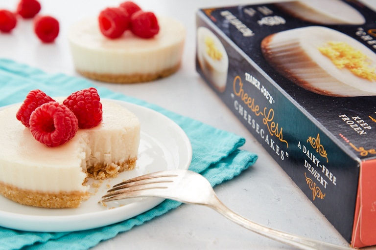 Trader Joe's Cheese-less Cheesecake Reviews and Info - Dairy-free, egg-free, nut-free, soy-free, and vegan-friendly. Two personal-size cheesecakes per box.