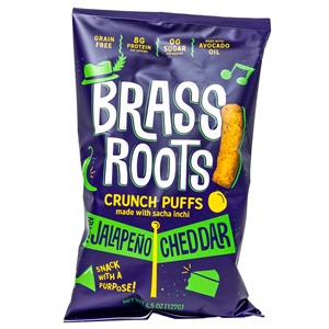 Brass Roots Crunch Puffs Reviews and Info - made with sacha inchi - vegan, grain-free, gluten-free, and top allergen-free. Available in Dairy-Free White Cheddar, Jalapeno Cheddar, Truffle Rosemary