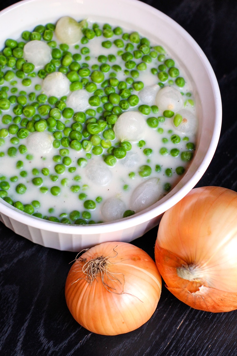 Dairy-Free Creamed Peas and Pearl Onions Recipe - also vegan, nut-free, soy-free, and optionally gluten-free. Great for weeknight meals and holiday feasts!