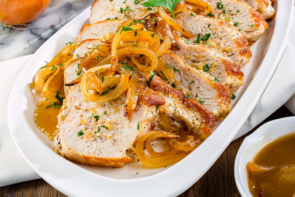 French Onion Turkey Breast Recipe with Dairy-Free Gratin. Tender, Juicy, Cooked in a Dutch Oven with Caramelized Onions. Gluten-Free Option.