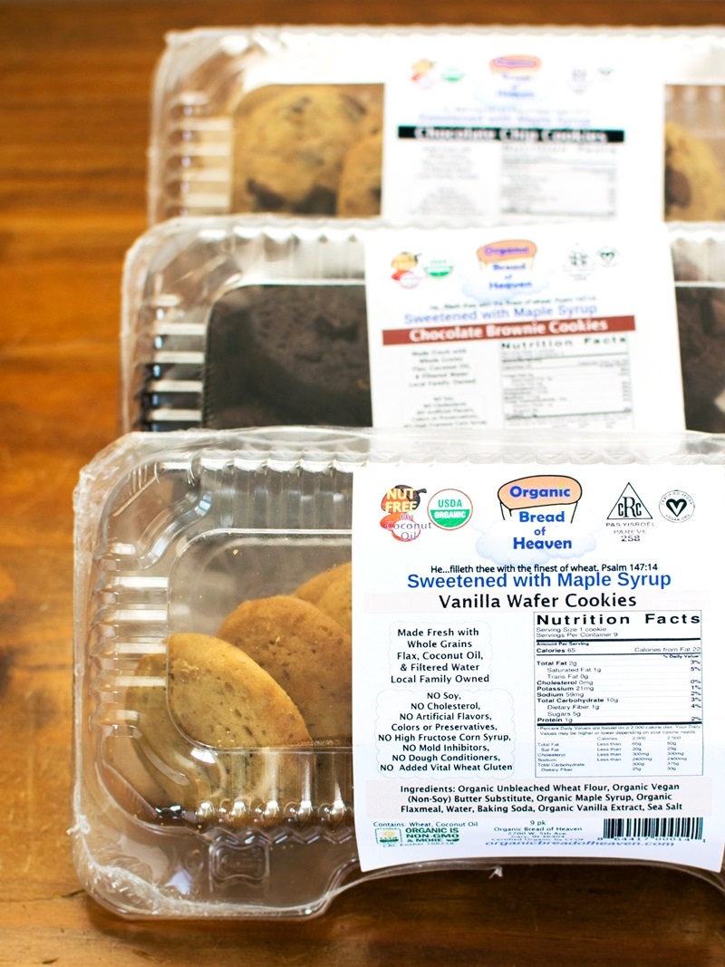 Organic Bread of Heaven Vegan Cookies - Traditional and Maple Sweetened (pictured) Varieties. Bakery is Kosher Pareve, Nut-Free, Soy-Free, Sesame-Free, Additive-Free, and Ships Oven-Fresh Baked Goods Nationwide