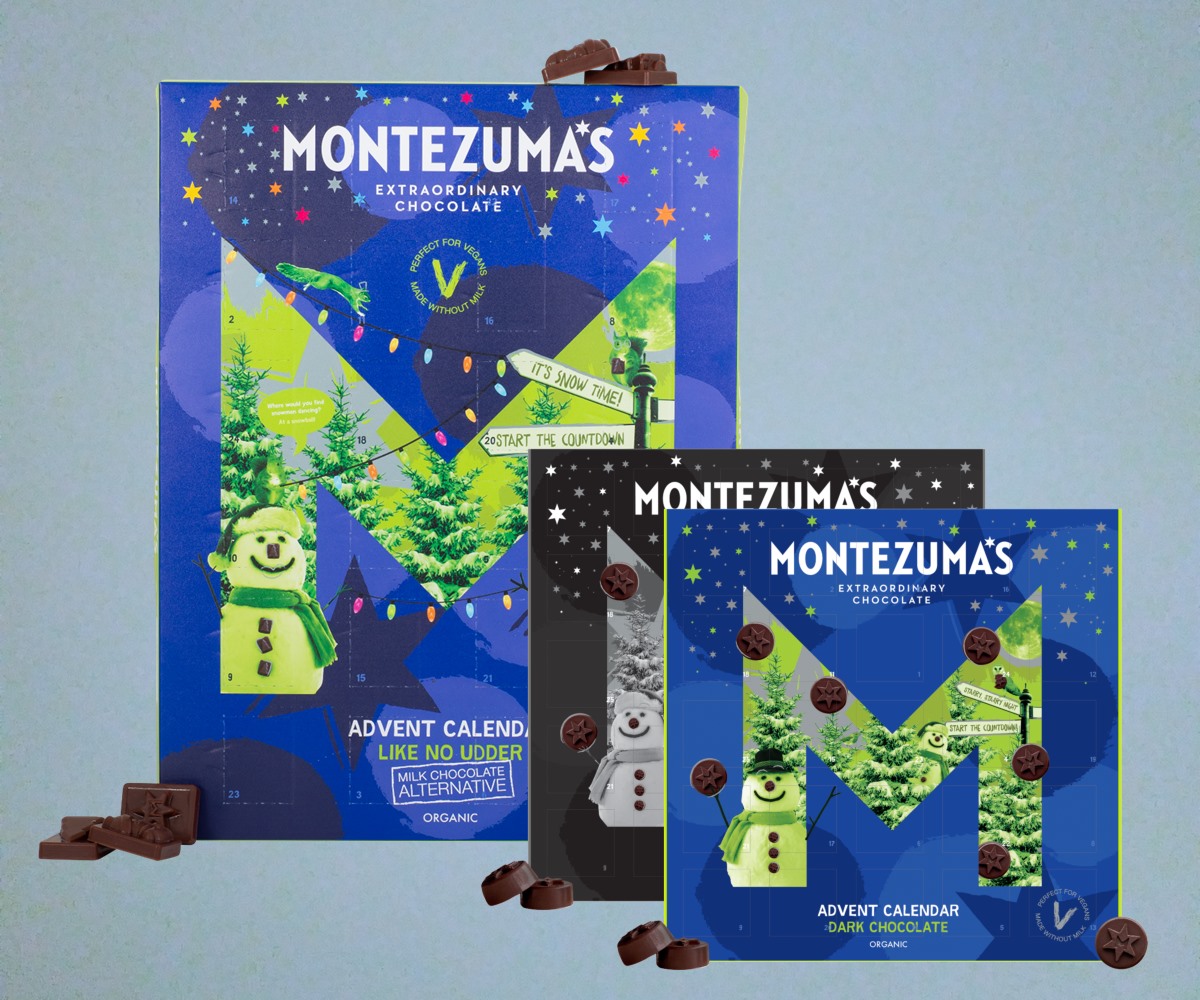 Our BIG round-up of Dairy-Free Advent Calendars. Montezuma's Organic Vegan & Dairy-Free Advent Calendars pictured