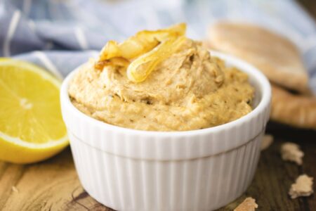 Roasted Garlic & Caramelized Onion Hummus Recipe - naturally plant-based, dairy-free, gluten-free, allergy-friendly, and layered with rich flavors
