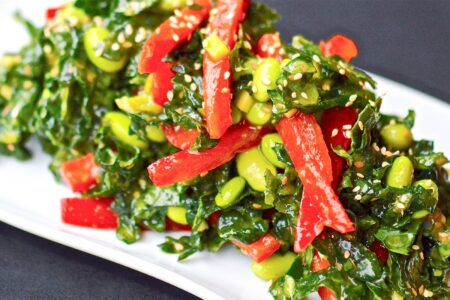 Edamame Kale Salad Recipe with Oil-Free Mango Ginger Dressing (no added sugar or salt either! Plant-based, gluten-free, dairy-free)