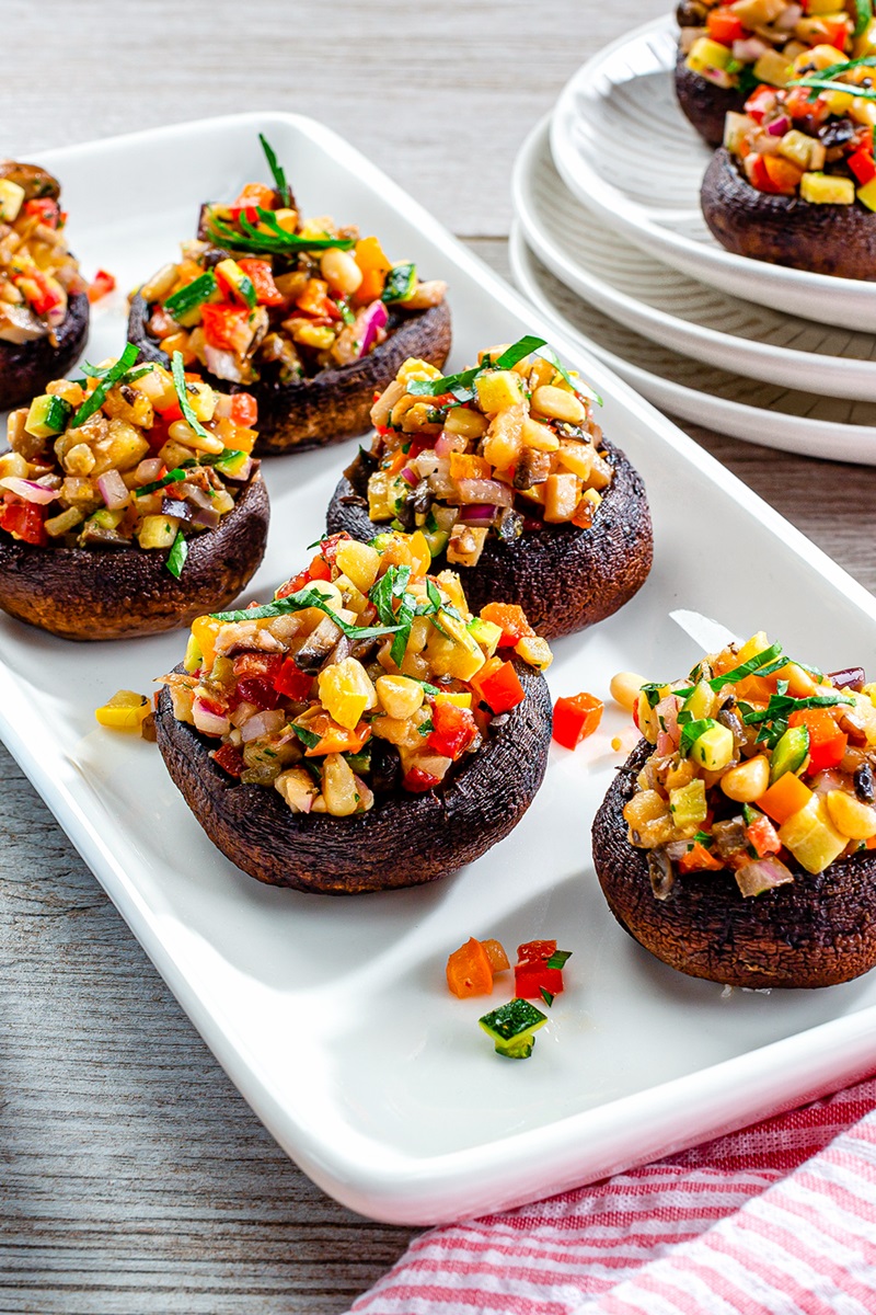 Vegan Ratatouille Stuffed Mushrooms Recipe - dairy-free, gluten-free, plant-based, paleo, and optionally allergy-friendly! No cheese, no meat, no breadcrumbs.