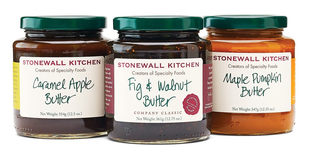 20 Delicious Dairy-Free Food Gifts for Everyone on Your List - unique presents with plant-based, vegan, gluten-free, paleo, and allergy-friendly options. Pictured: Stonewall Kitchen Fruit Butter Colletion - dairy-free, gluten-free, plant-based