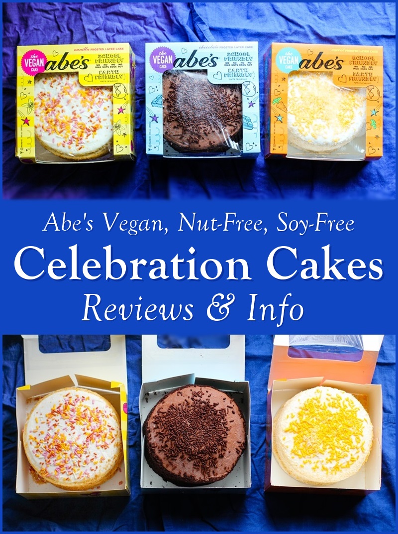 Abe's Celebration Cakes Reviews and Information - dairy-free, egg-free, nut-free, soy-free, and vegan-friendly! Two layer, ready-to-eat cakes are fully frosted and adorned with sprinkles. Vanilla, Chocolate, Carrot