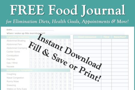 Free Food Journal! With detailed symptom tracker. Electronic - you can fill, save, and email it on your phone, tablet or computer! Or print it out! Great for Elimination Diets, Health Goals, Doctor and Dietitian Appointments, and More.