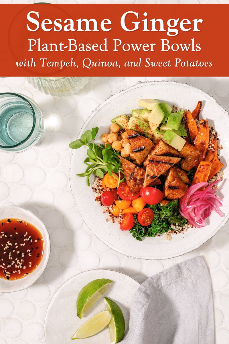 Sesame Ginger Power Bowls Recipe with Quick Pickled Onions, Tempeh, Sweet Potatoes, Greens, and Quinoa - plant-based, vegan, dairy-free, nut-free and optionally gluten-free