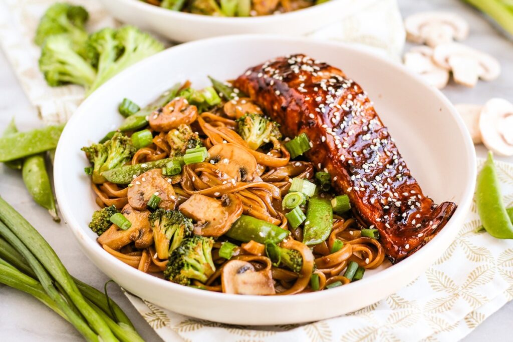 Asian Barbecue Salmon with Sesame Noodles and Vegetables Recipe - naturally dairy-free, nut-free, peanut-free, and optionally gluten-free. Wonderful for Fish Fridays! Delicious, flavorful, and healthy.