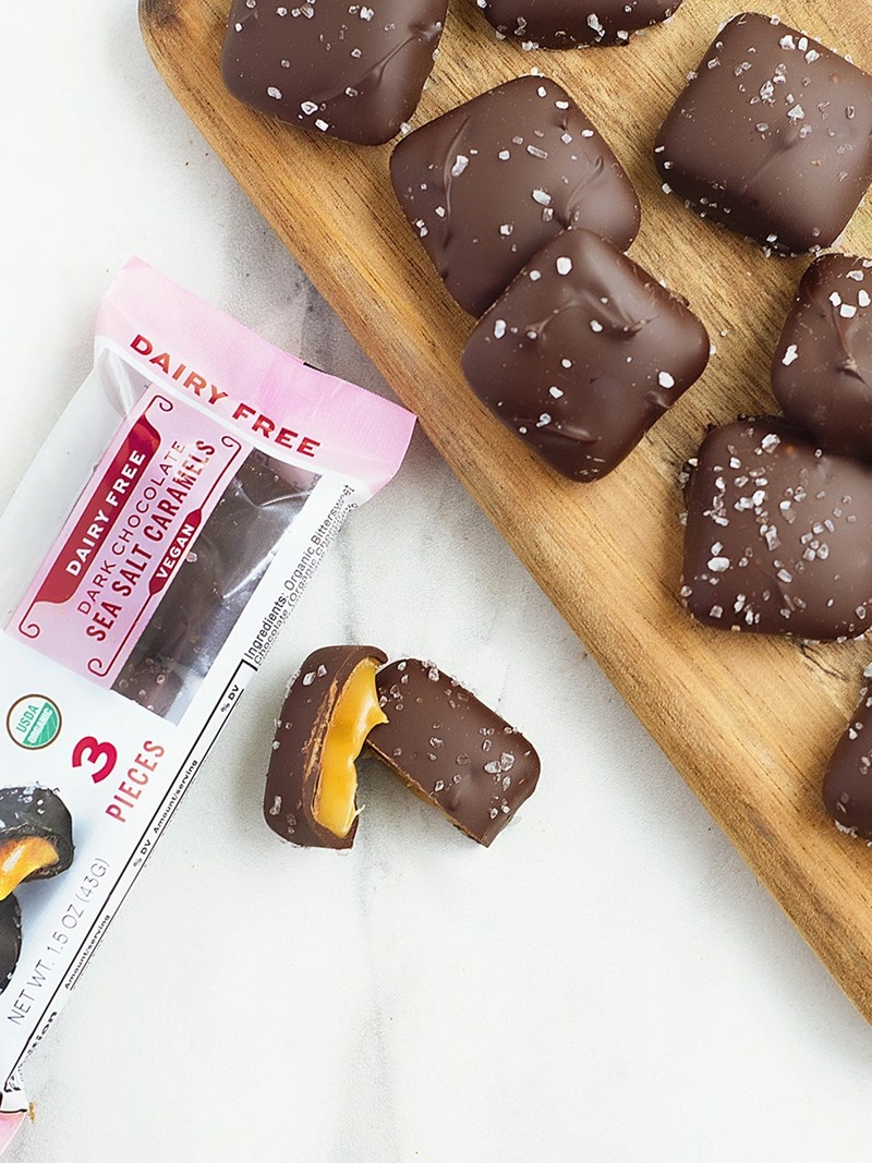 Sanders Dairy Free Dark Chocolate Caramels Reviews & Info - vegan, organic, and kettle-cooked in small batches. Affordable treat!