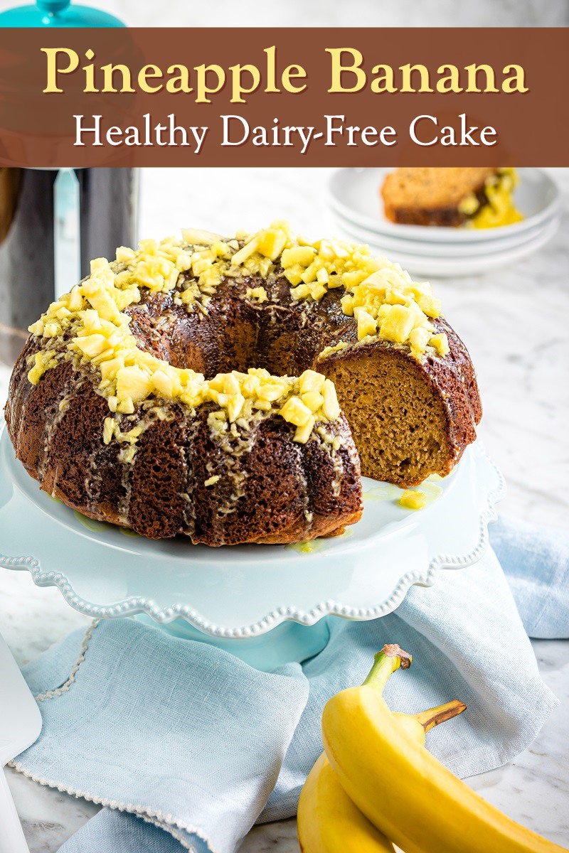 Dairy-Free Pineapple Banana Bundt Cake Recipe with Vegan Option. Healthy Cake that's lower in sugar and made without whole wheat flour.