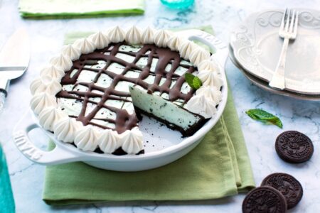 Dairy-Free Mint Chip Ice Cream Pie Recipe - everyone's favorite frozen Grasshopper Pie made Vegan and Allergy-Friendly! Gluten-free and Keto options.