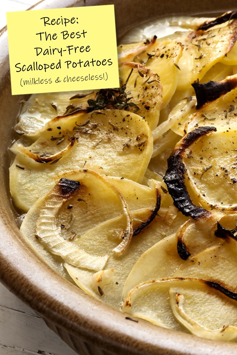 The Best Dairy-Free Scalloped Potatoes Recipe - uses everyday ingredients and no cheese required! Easy options for vegan, gluten-free and soy-free.