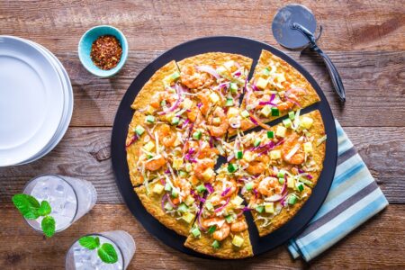 Dairy-Free Cauliflower Pizza Crust Recipe - cheeseless, gluten-free, grain-free, soy-free, low carb, paleo, and suitable for many keto diets (with Thai Pizza Topping Option)