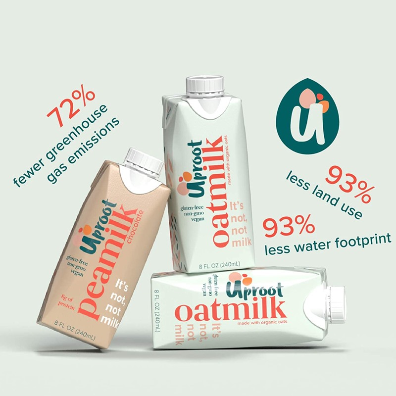 Uproot Milk Single Serves Reviews and Info - Sold in fortified Oatmilk and Chocolate Peamilk varieties. Dairy-free, lunchbox ready.