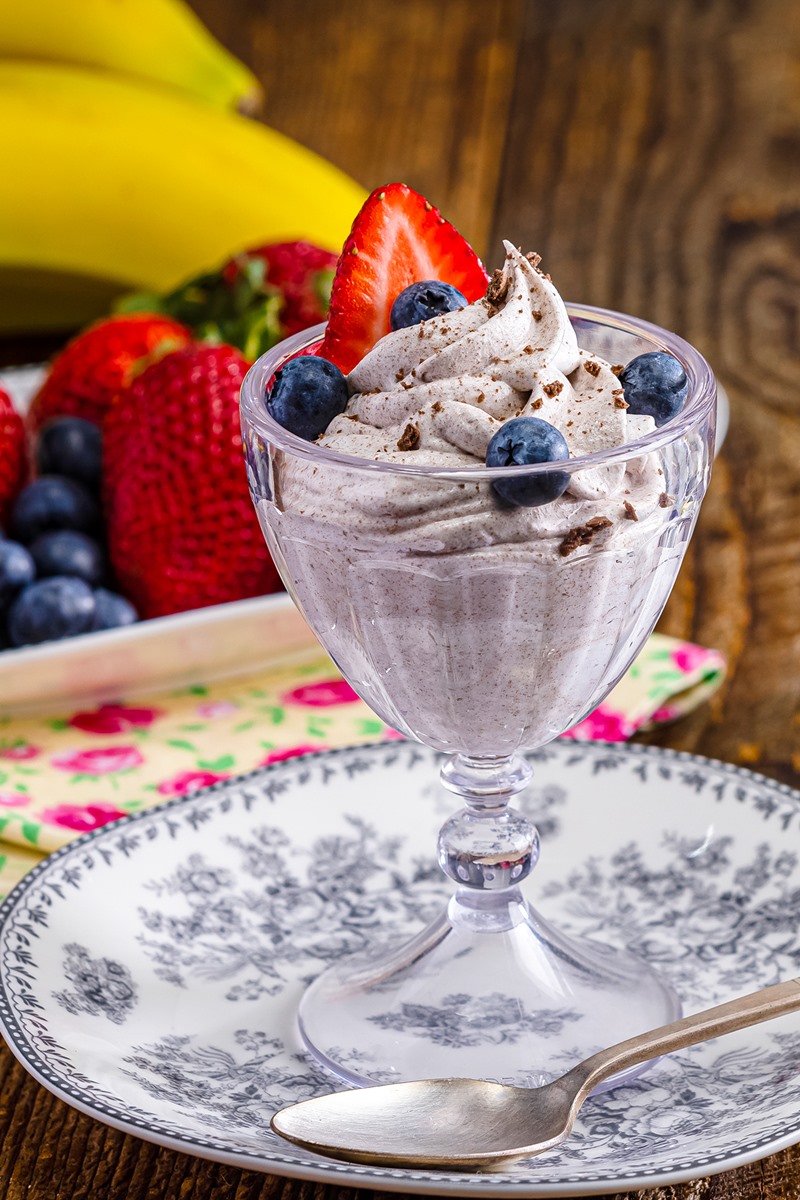 Dairy-Free Whipped Dessert Recipe with chocolate graham crackers, banana, and fresh berries. Vegan, gluten-free, allergy-friendly, light, fast, and easy.