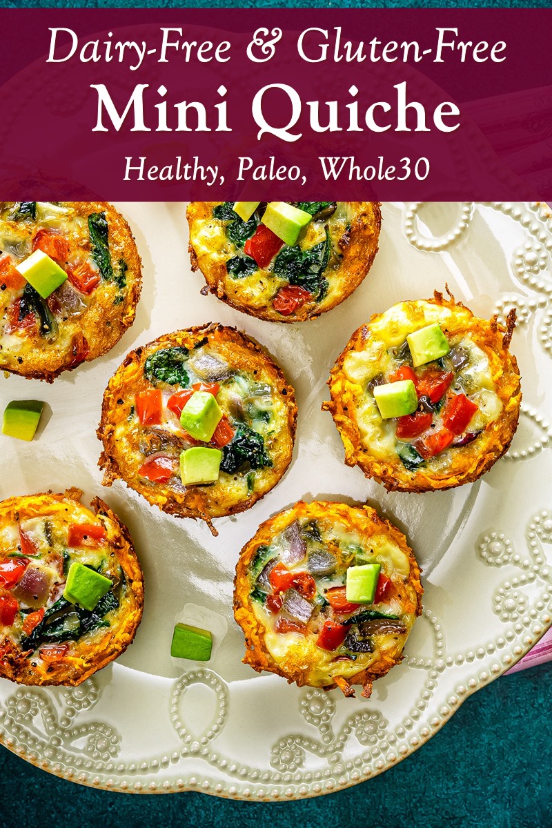 Dairy-Free Mini Quiche Recipe with Gluten-Free Sweet Potato Crust. Naturally Healthy, Grain-Free, Paleo, and Whole30 Friendly.