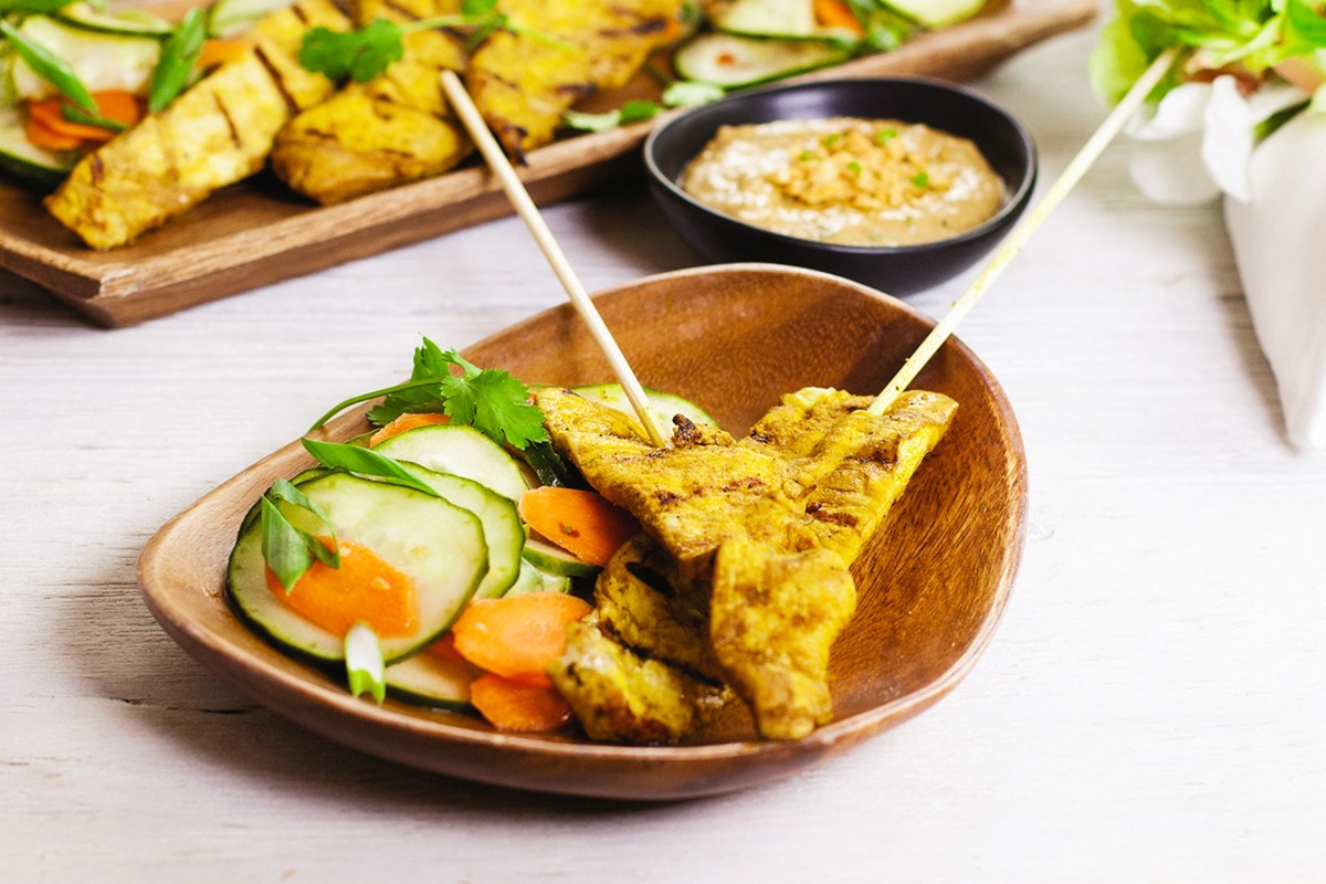 Thai Chicken Satay with Creamy Peanut Sauce & Cucumber Salad - Recipe includes gluten-free, nut-free, peanut-free, and soy-free options. Naturally dairy-free.