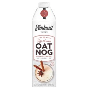 Elmhurst Oat Nog Reviews & Info (Vegan & Gluten-Free) - This plant-based, dairy-free, egg-free nog is also made without gums, carrageenan, and oils. It's a clean formula with a blend of purity protocol oats and cashews.