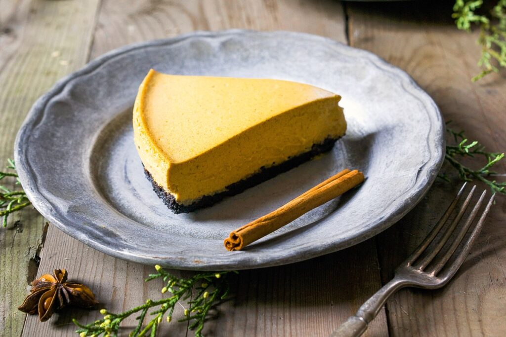 Vegan Pumpkin Cheesecake Recipe - Easy, Delicious, Decadent. Naturally Dairy-Free & Egg-Free, and can be made Gluten-Free, Nut-Free, and Soy-Free