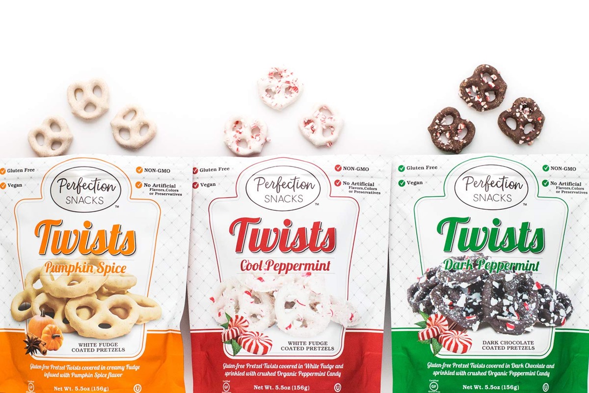 Perfection Snacks Twists Reviews and Info - Vegan Varieties - gluten-free pretzel twist with white fudge or chocolate coating in several varieties.