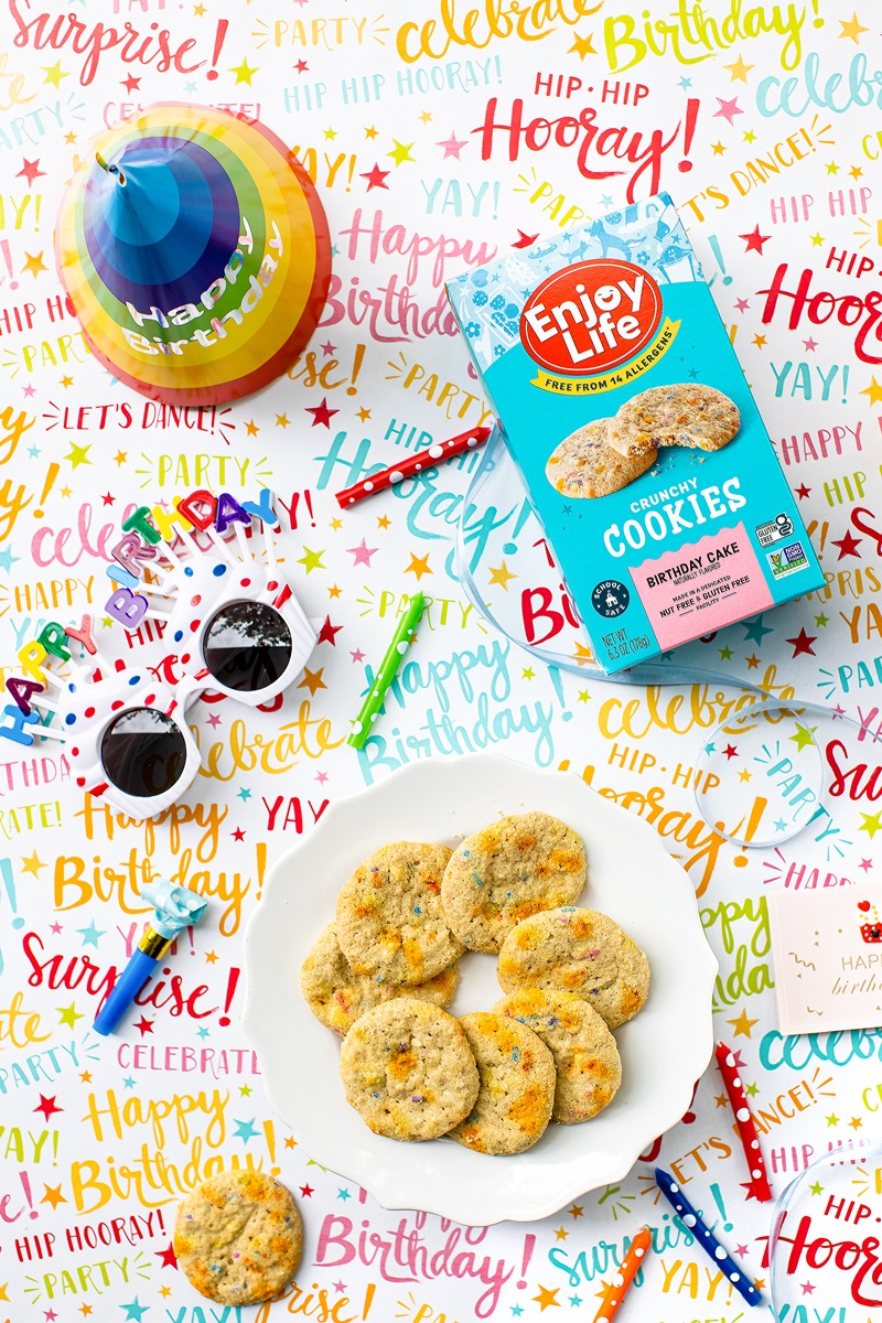 New Enjoy Life Cookies! Birthday Cake, Monster, Sunseed Butter Chocolate Chip, and seasonal Strawberry Lemonade - all dairy-free, egg-free, gluten-free, nut-free, peanut-free, soy-free, sesame-free, and vegan!