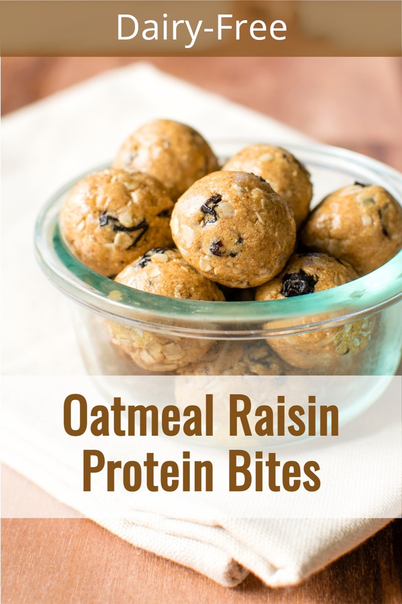 Dairy-Free Oatmeal Raisin Protein Bites Recipe - easy, delicious energy balls that can be made plant-based, gluten-free, nut-free, and soy-free. Options for all!