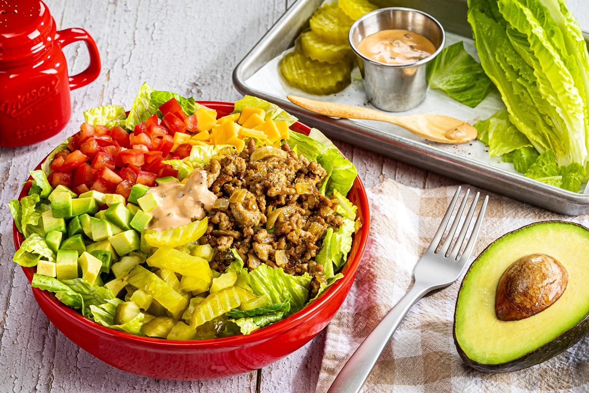 Gluten-Free, Dairy-Free Cheeseburger Salad Bowls Recipe with Quick Homemade Thousand Island Dressing - fast, easy, family-friendly! Tips and options included.