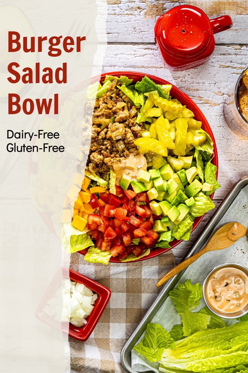 Gluten-Free, Dairy-Free Cheeseburger Salad Bowls Recipe with Quick Homemade Thousand Island Dressing - fast, easy, family-friendly! Tips and options included.