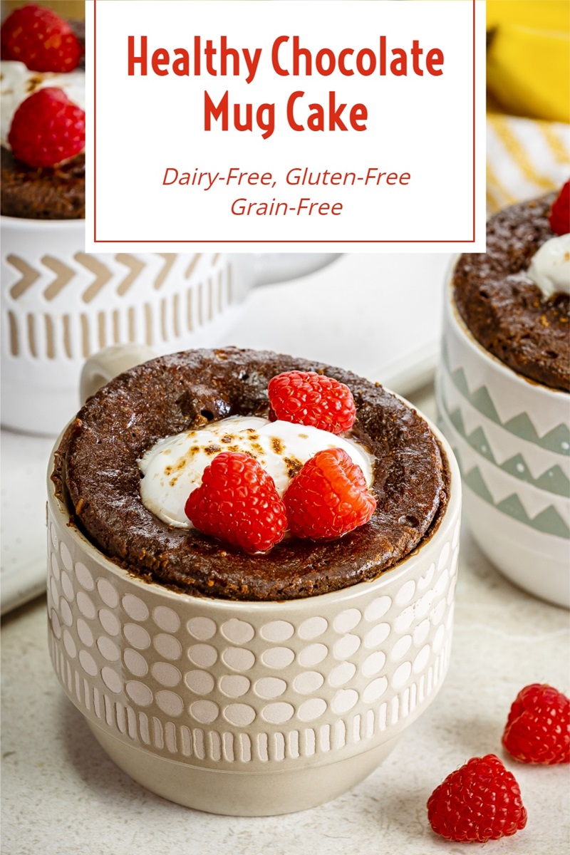 Healthy Chocolate Mug Cake Recipe - naturally dairy-free, gluten-free, grain-free, and soy-free. This flourless treat is worthy of dessert or breakfast!