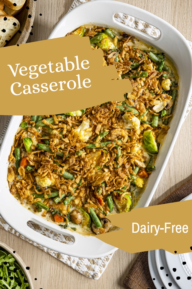 Creamy Dairy-Free Vegetable Casserole Recipe topped with crispy French fried onions! Plant-based, healthy, vegan, optionally gluten-free and allergy-friendly! 