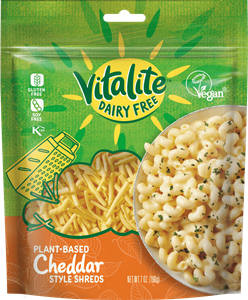 Vitalite Dairy-Free Cheese Reviews & Info - mozzarella shreds and slices, cheddar shreds and slices, and grated parmesan crumbles, each made vegan and without top allergens.