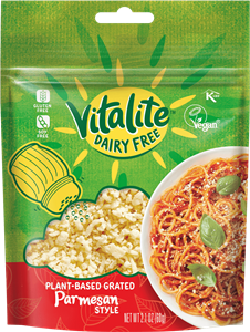 Vitalite Dairy-Free Cheese Reviews & Info - mozzarella shreds and slices, cheddar shreds and slices, and grated parmesan crumbles, each made vegan and without top allergens.