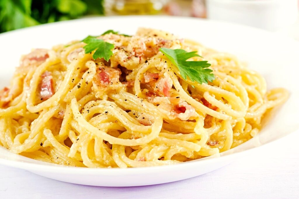 Dairy-Free Spaghetti Carbonara Recipe that's so close to Traditional. Delicious, rich, tastes like it's straight from an Italian kitchen! Fast and easy.