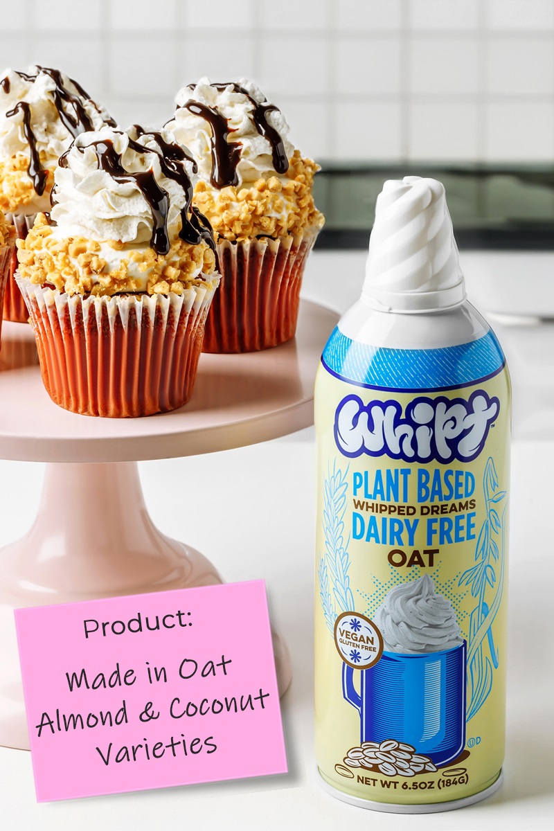 Whipt Dairy Free Spray Whipped Topping Reviews and Info - vegan whipped cream alternative in three varieties: Oat (oatmilk), Coconut (coconut cream), and Almond (almond butter + coconut cream)