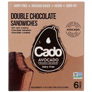 Cado Dairy-Free Ice Cream Sandwiches Reviews and Info - vegan frozen desserts made with chocolate wafer cookies and avocado-based ice cream