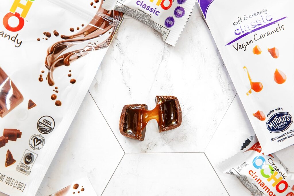 Available in 4 ooey-gooey flavors, OCHO Plant-Based Caramels are chocolate-covered, dairy-free, soy-free, gluten-free, and Certified Organic & Vegan.