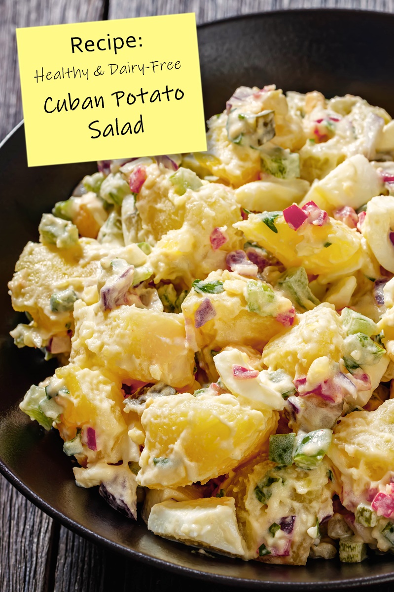Healthy Dairy-Free Cuban Potato Salad Recipe - also gluten-free with allergy-friendly and vegan options. Full of flavorful ingredients!