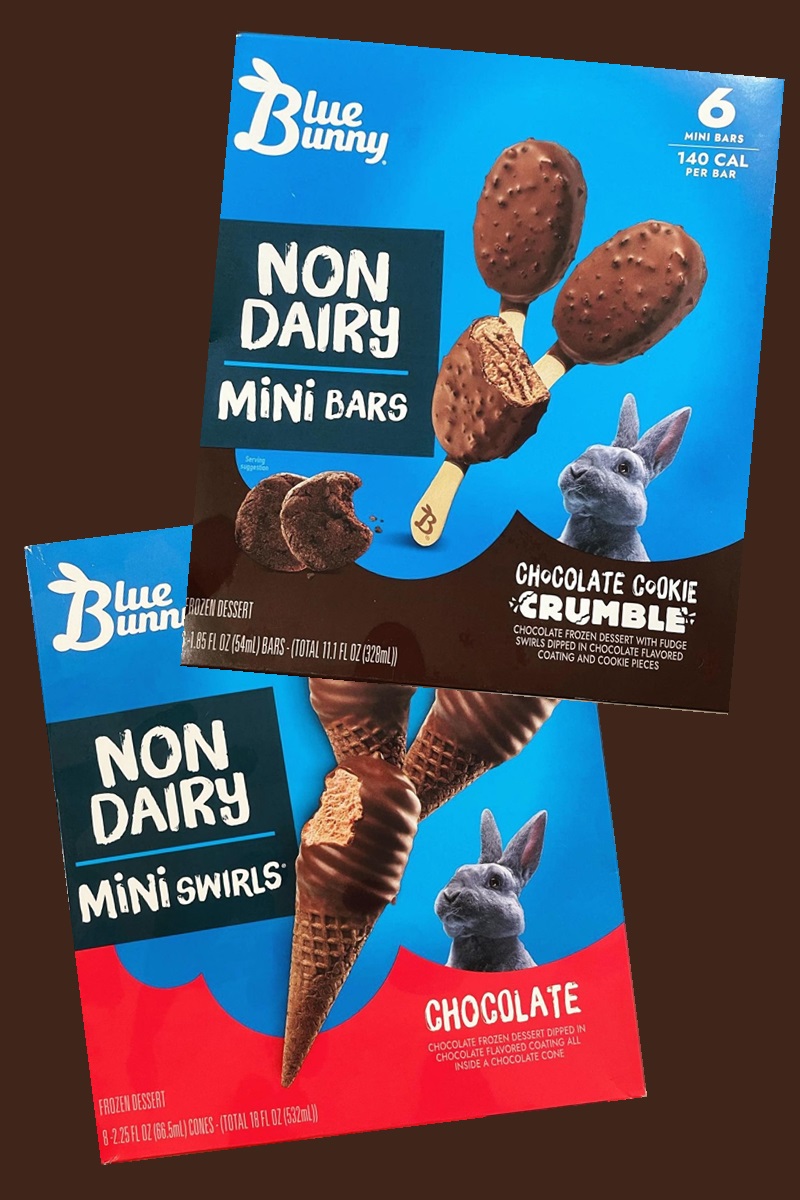 Blue Bunny Non-Dairy Bars and Swirls - dairy-free and vegan chocolate ice cream novelties from an iconic american brand.
