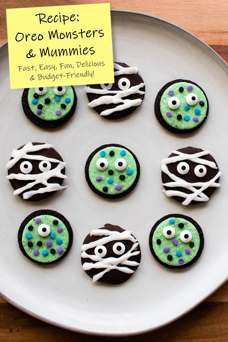 Dairy-Free Oreo Mummy & Monster Cookies for Halloween! Fun, easy, delicious, and cheap. Two for one cookie! Also naturally vegan and gluten-free optional.