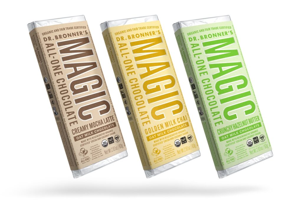 Dr. Bronner's Oat Milk Chocolate Bars Reviews and Info - dairy-free, soy-free, and vegan in three Magic All-One flavors.