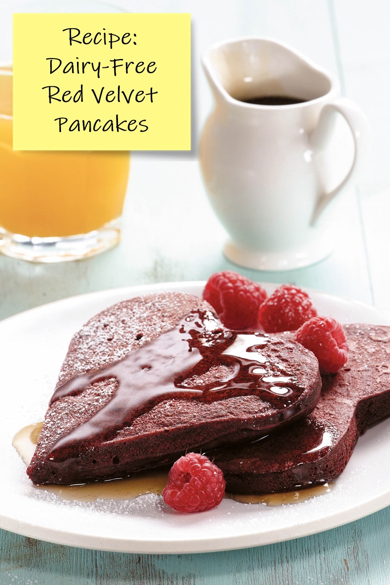 Dairy-Free Red Velvet Pancakes Recipe with various topping options, including Dairy-Free Cream Cheese Topping